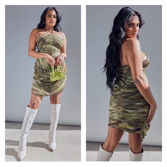 PrettyLittleThing Khaki Printed Halterneck Ruched Front Mesh Bodycon Dress 16 - Picture 2 of 9